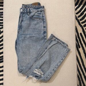 Light Blue Boyfriend Jeans with Distressing and High Waist
